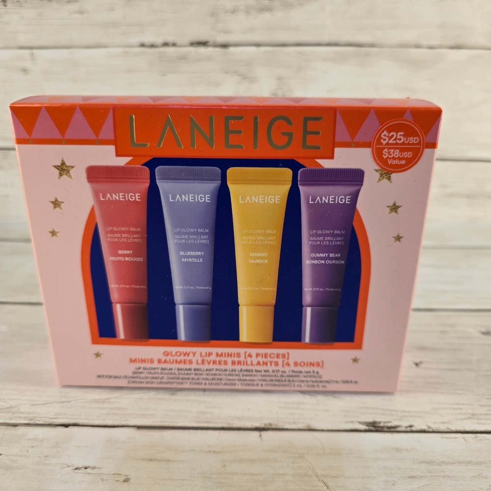 NEW Laneige Glowy Lip Minis 4 Pc Set Berryā Blueberry Mango Gummy Bear Lip Balm